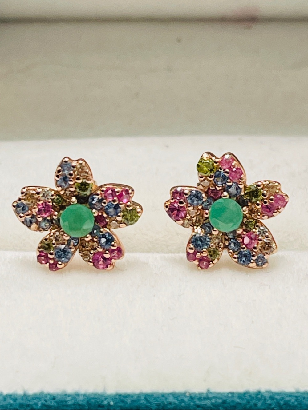 Genuine Multicolor Sapphire and Emerald Flower Stud Earrings- Sterling silver